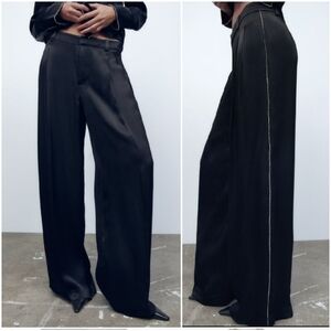 Zara Black Satin Effect Wide Rhinestone Pants Size XS